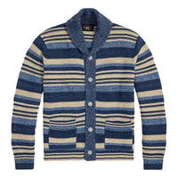 Indigo Striped Cotton-Linen Cardigan - Sweater