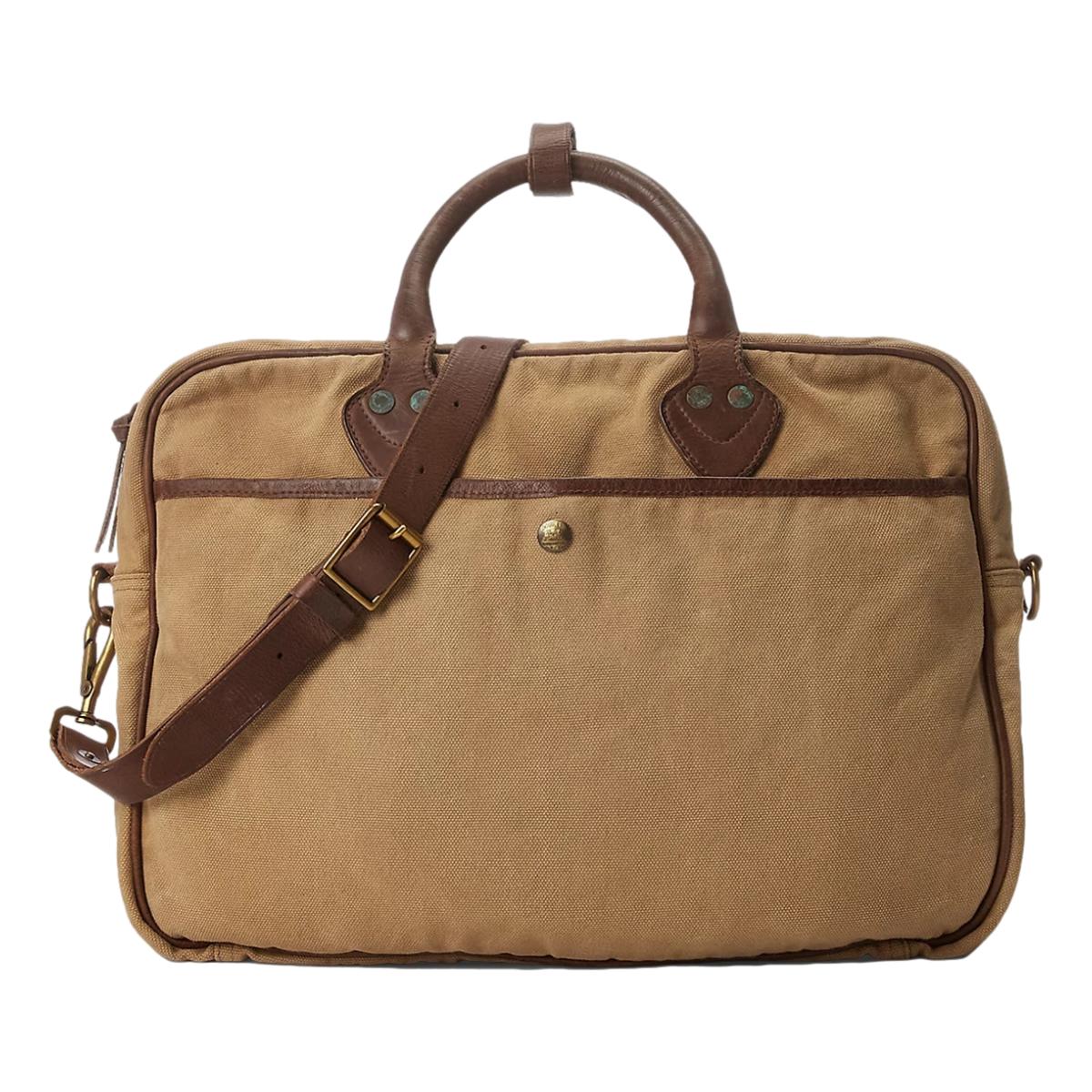 Leather-Trim Canvas Briefcase Khaki Brown - Bag