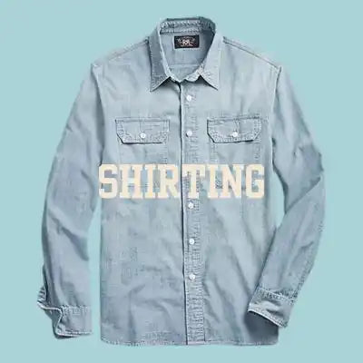 Light blue denim button-up shirt with ’SHIRTING’ text across the chest.