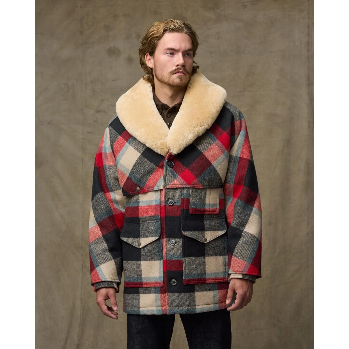 Lined Mackinaw Wool Packer Coat Red Cream Blue Plaid