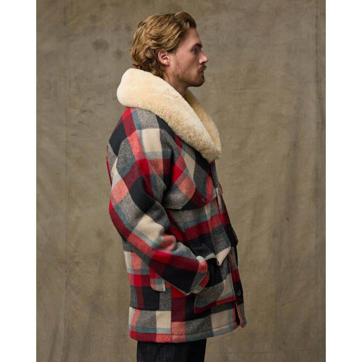 Lined Mackinaw Wool Packer Coat Red Cream Blue Plaid