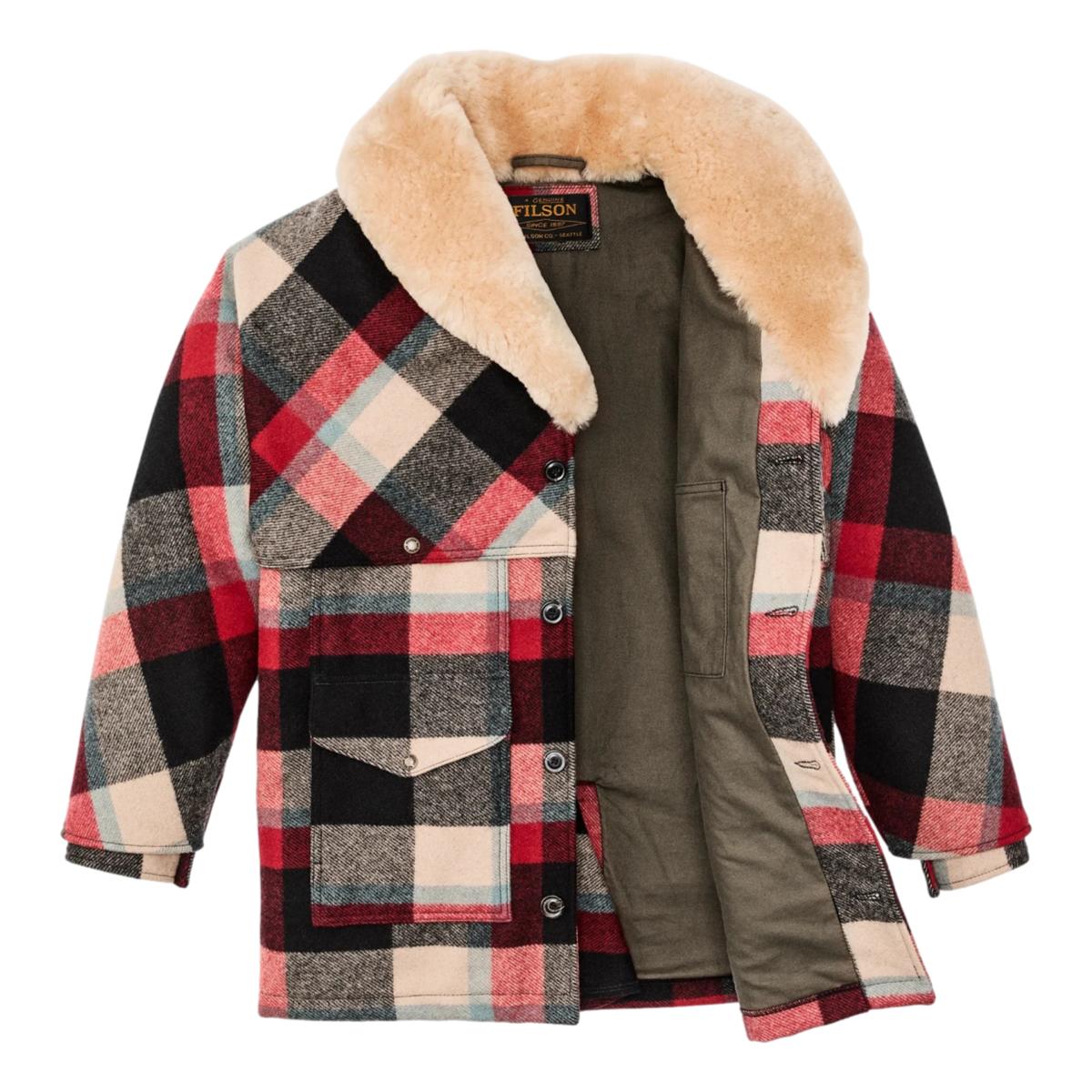 Lined Mackinaw Wool Packer Coat Red Cream Blue Plaid