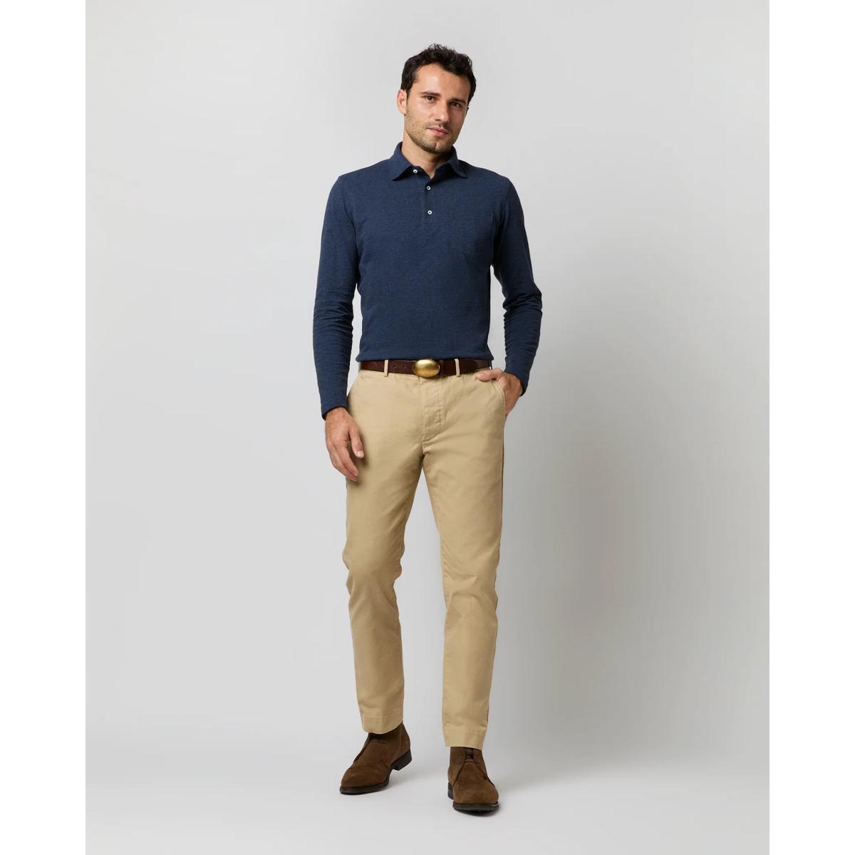 Long Sleeved Polo Heather Denim Pima Pique polo