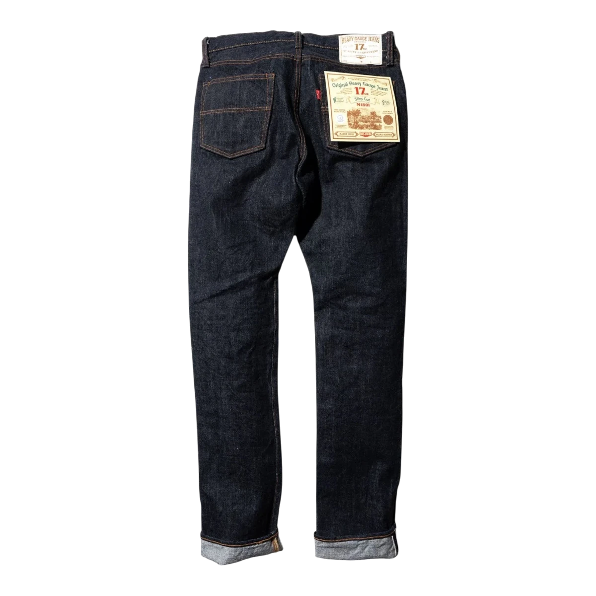 MILWORK dark indigo 17oz heavyweight selvedge denim jeans, slim fit, zip fly, made in Japan.