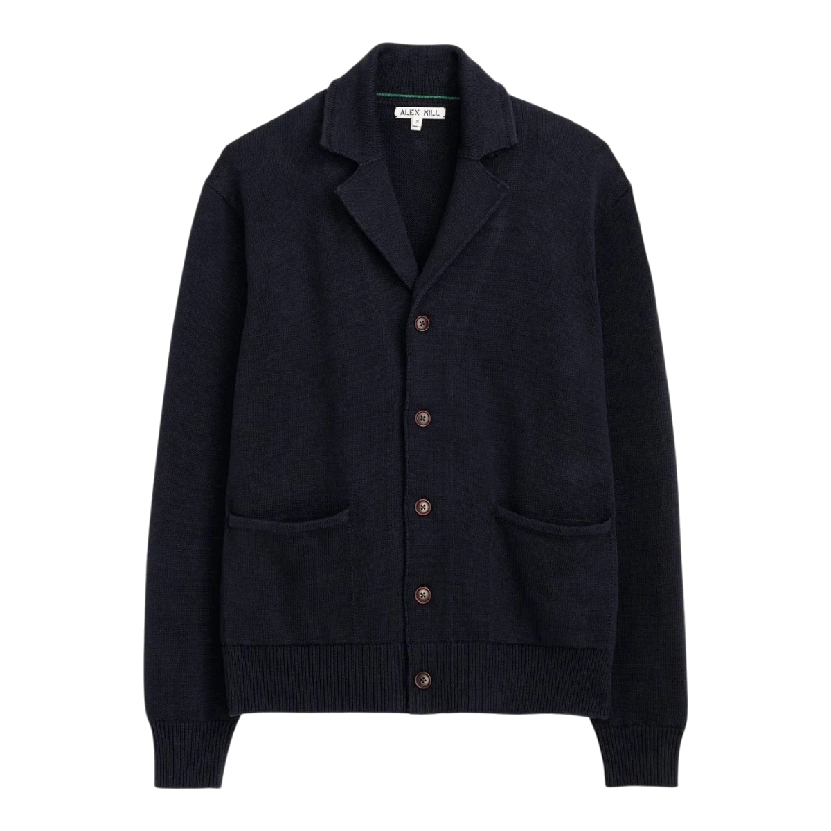 MILWORK Alain Blazer Cardigan in dark navy, made from a cotton-linen blend with corozo nut buttons and patch pockets.