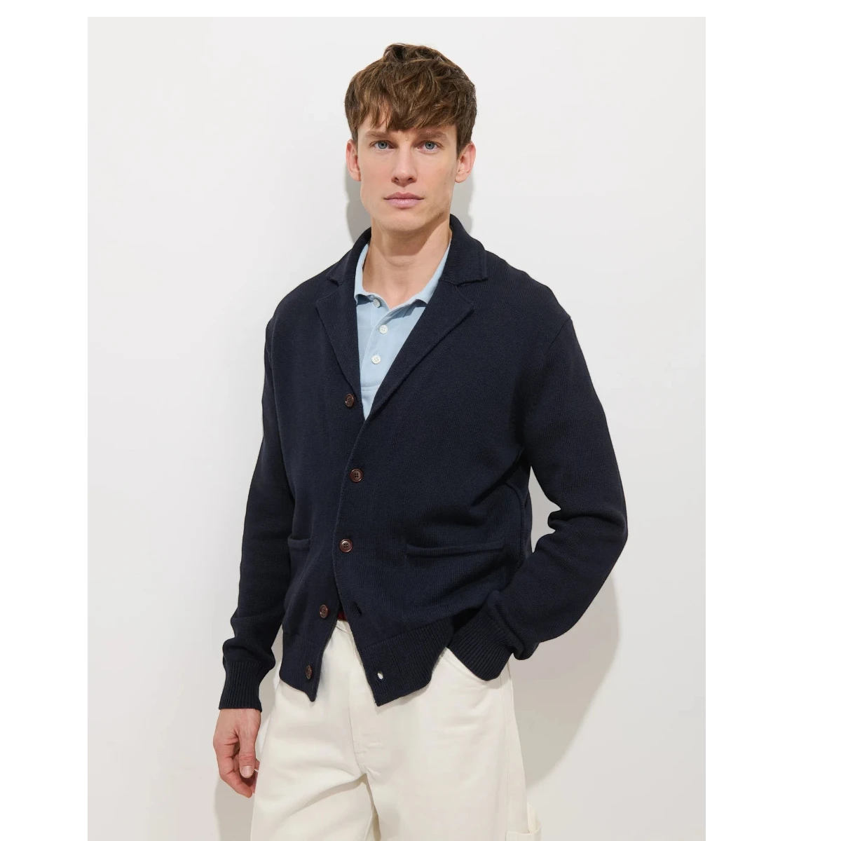 MILWORK Alain Blazer Cardigan in dark navy cotton-linen blend with corozo nut buttons and shawl collar.