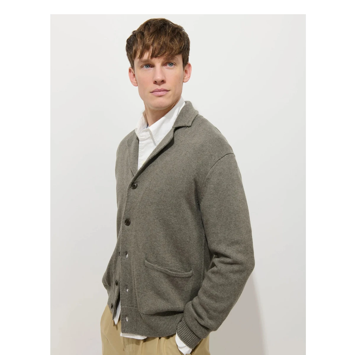MILWORK Alain Blazer Cardigan in heather olive cotton-linen blend with shawl collar and corozo nut buttons.