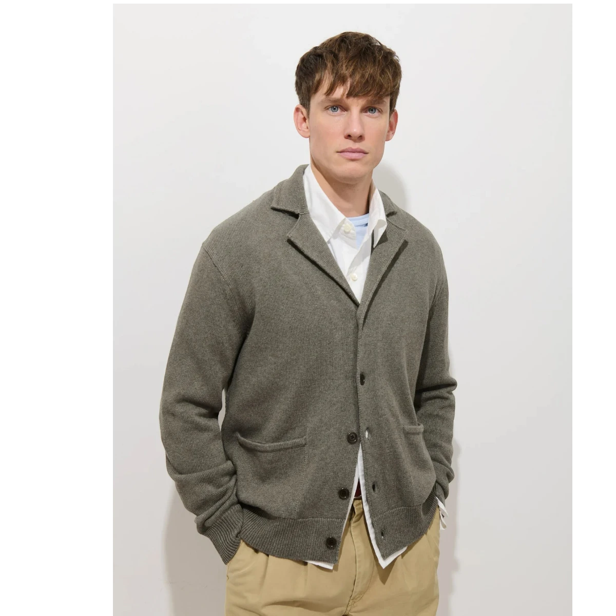 MILWORK Alain Blazer Cardigan in heather olive, made from organic cotton and linen blend with corozo nut buttons.