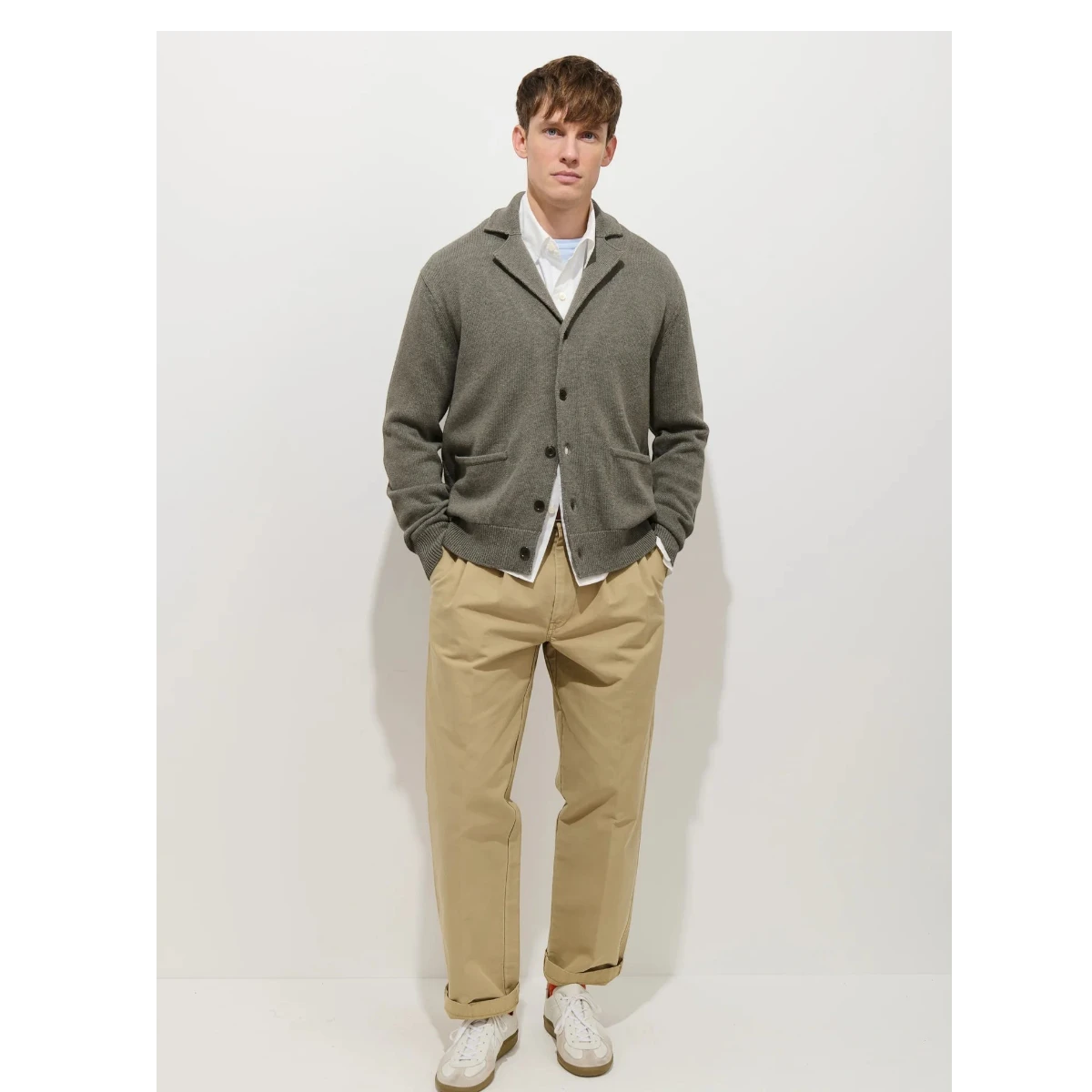 MILWORK Alain Blazer Cardigan in heather olive, made from organic cotton and linen blend with corozo nut buttons.
