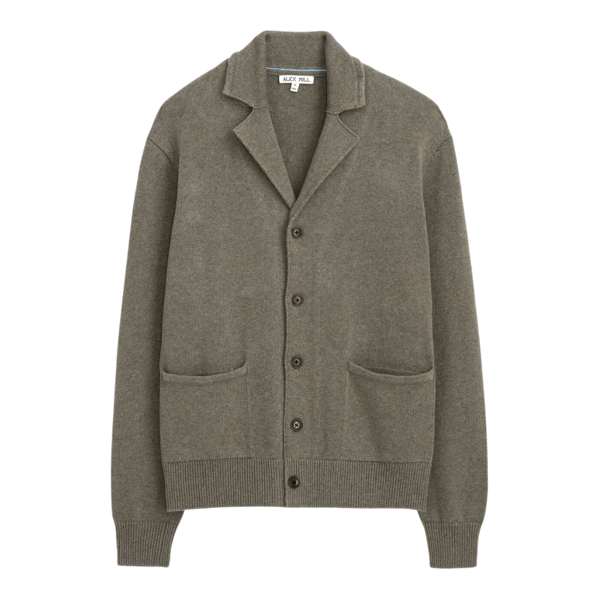 MILWORK Alain Blazer Cardigan in heather olive cotton-linen blend with corozo nut buttons and two front pockets.