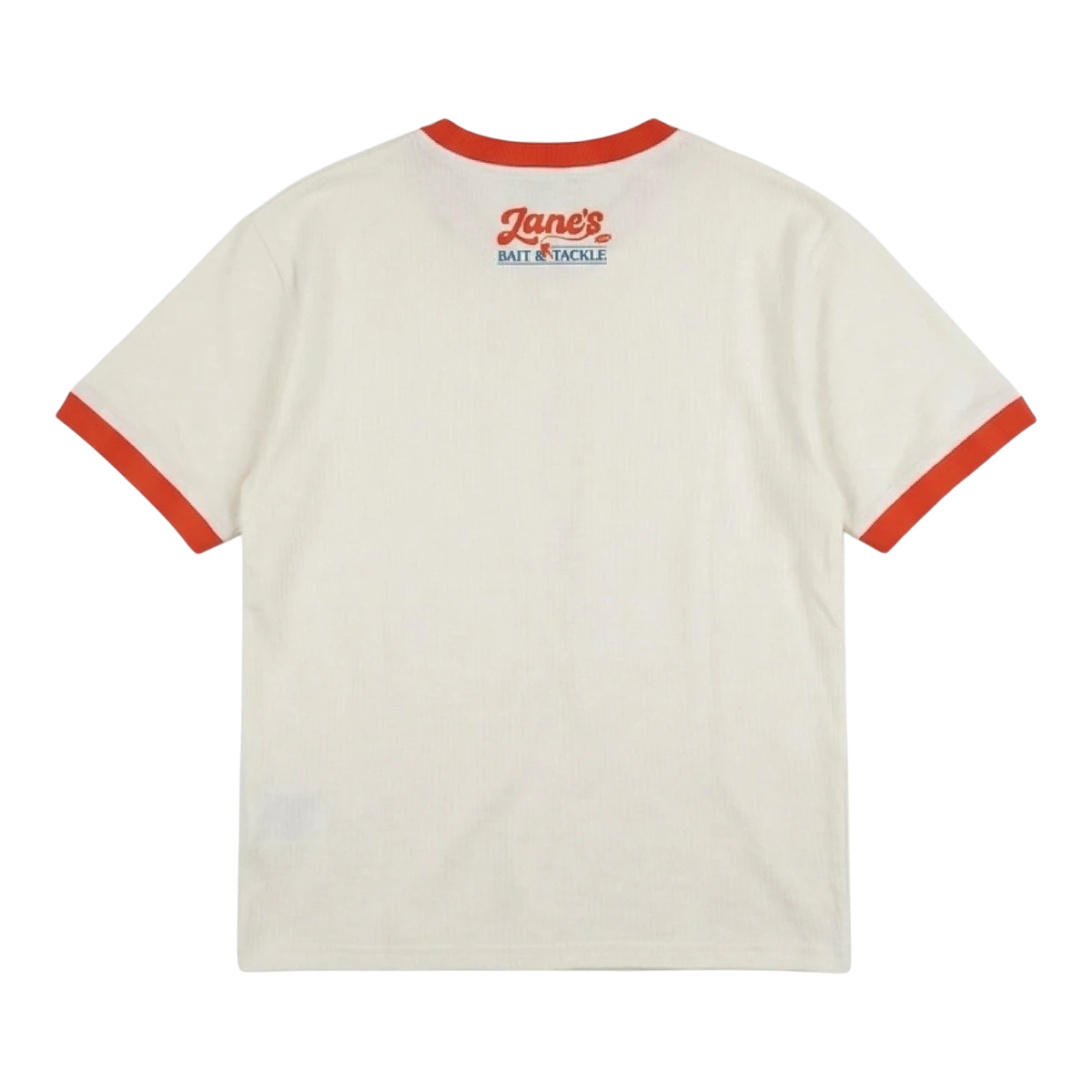 MILWORK Zane's Bait & Tackle Ringer Tee in ivory cotton with orange trim on neckline and sleeves. Vintage graphic.