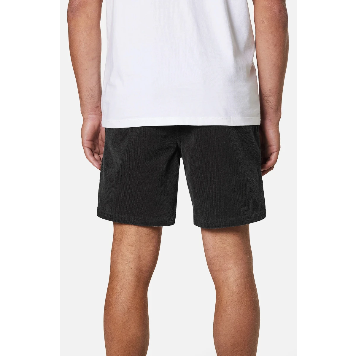 MILWORK black corduroy shorts with 17-inch outseam and welt pockets. Made from 98% cotton and 2% spandex.