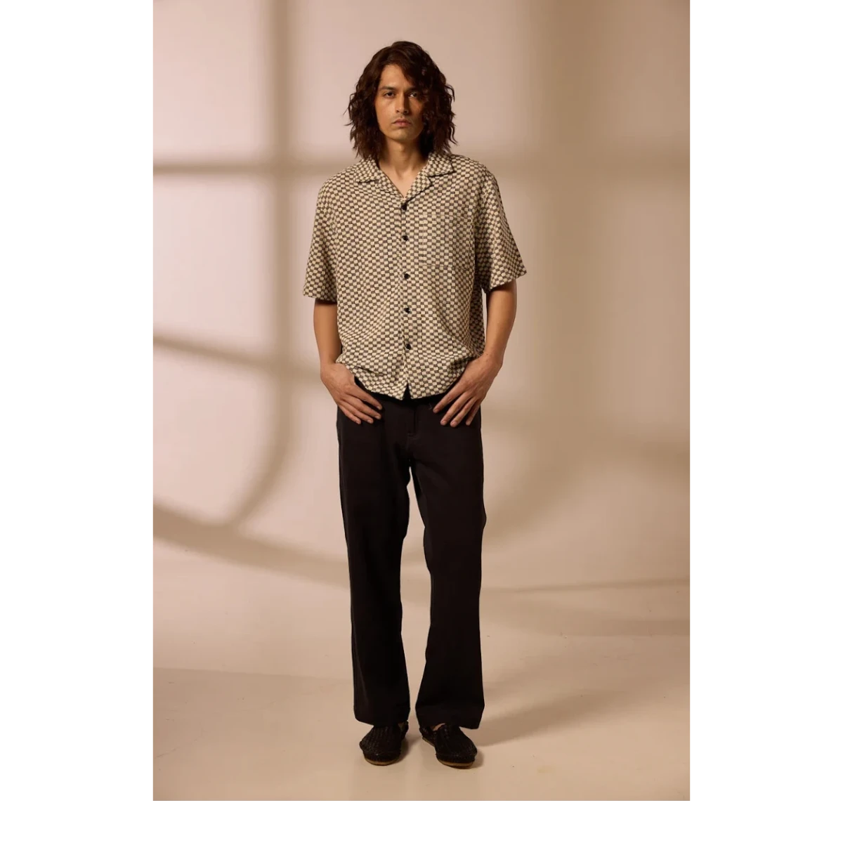 MILWORK Khushi Camp Shirt in black and white check print, 100% cotton with short sleeves and camp collar.