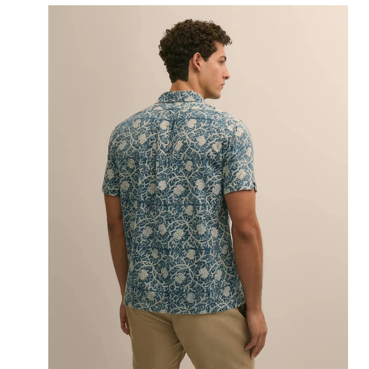 MILWORK blue and white block print 100% cotton short sleeve camp collar shirt on a man.