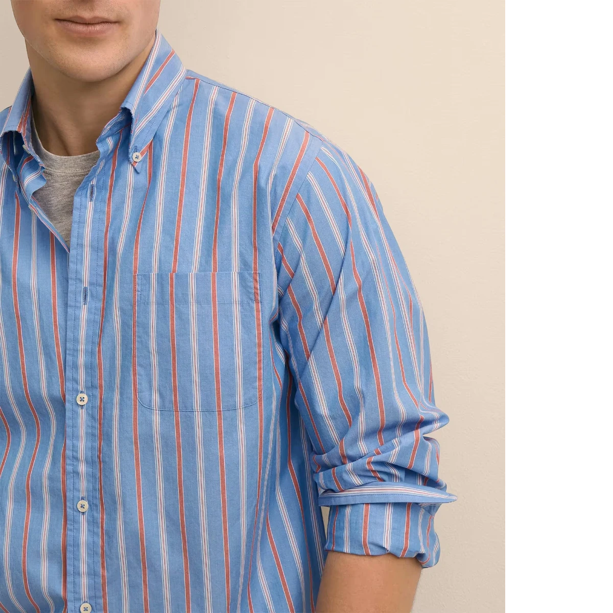 MILWORK blue and cardinal stripe cotton poplin button-down shirt with a relaxed fit and barrel cuffs.