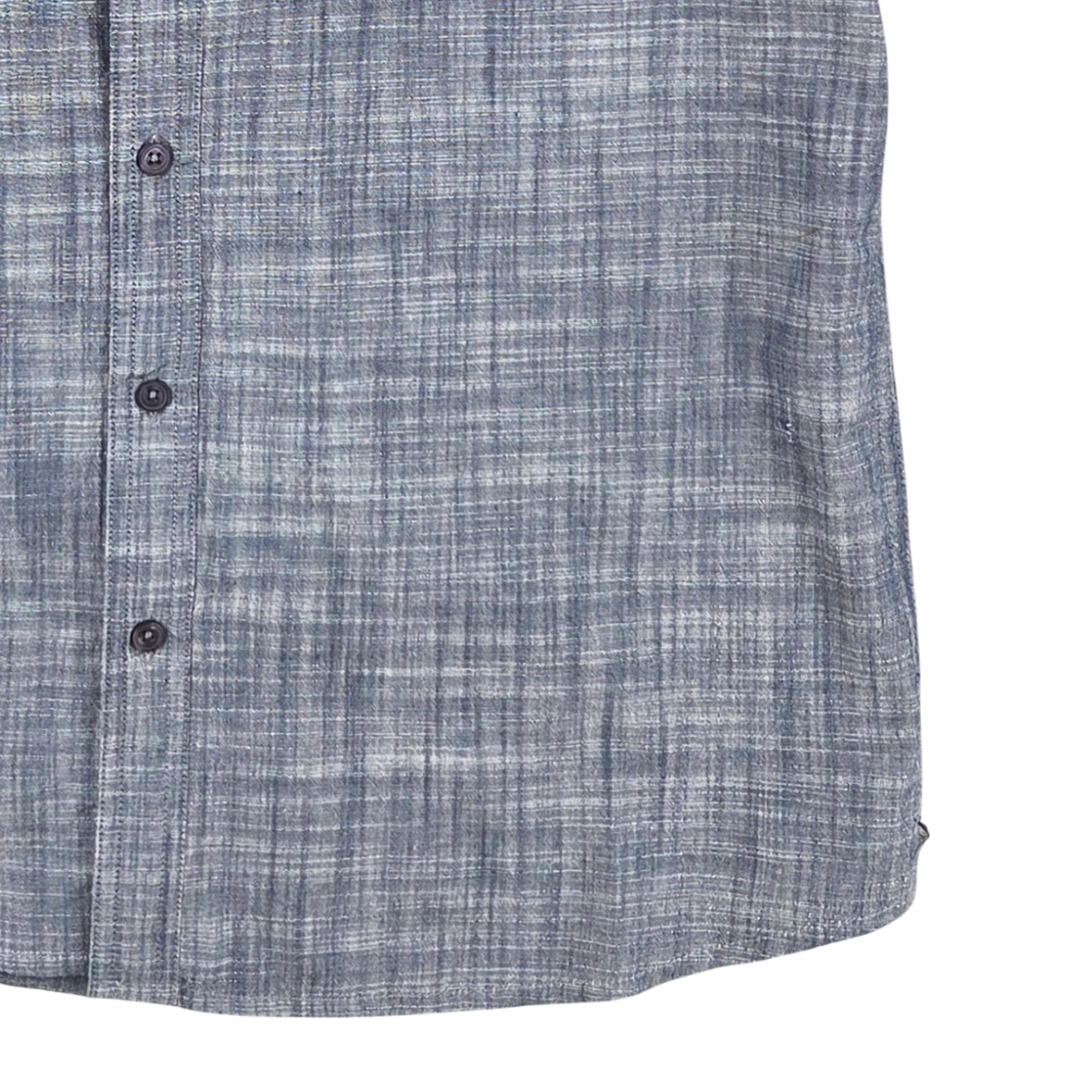 MILWORK blue cotton short sleeve chambray shirt with button-down front and textured weave.