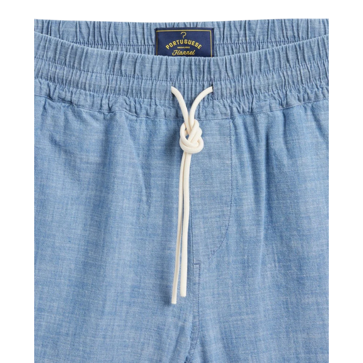 MILWORK blue chambray organic cotton shorts with drawstring waist and elastic waistband. Made in Portugal.