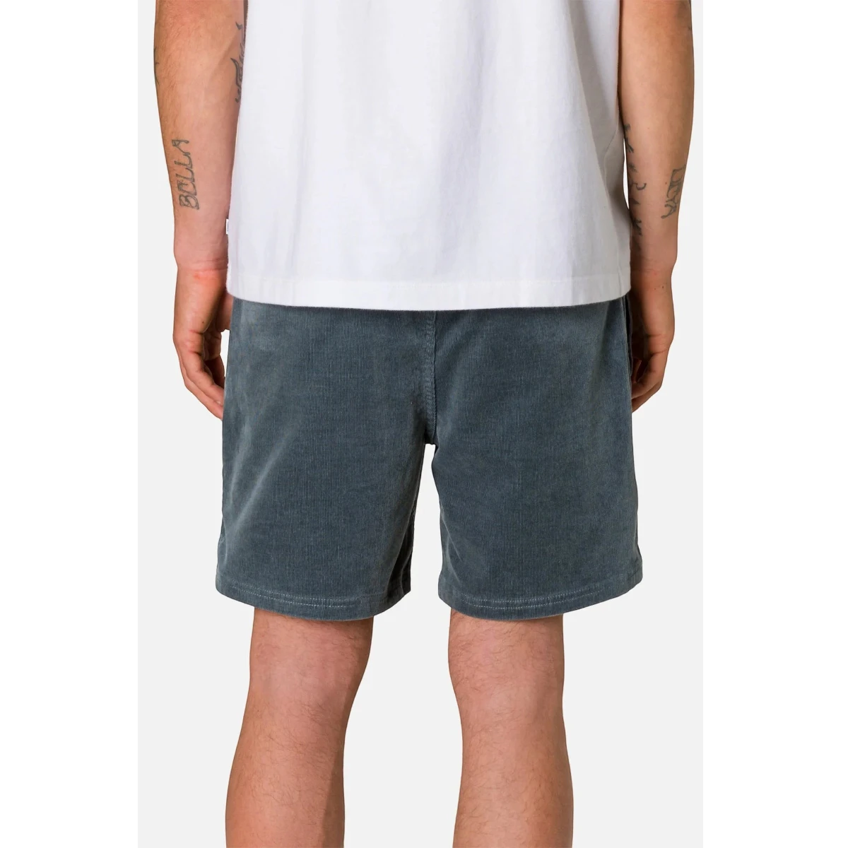 MILWORK blue corduroy shorts with 16-wale texture, welt pockets, and 17" outseam.