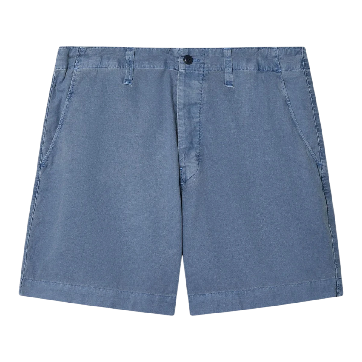 MILWORK blue cotton hemp union shorts with a 7" inseam and modern Hollywood waistband.