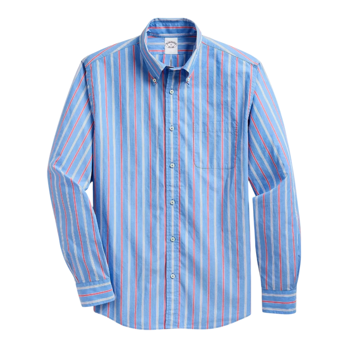 MILWORK blue cotton poplin shirt with cardinal red and white vertical stripes, button-down collar, chest pocket, and barrel cuffs.