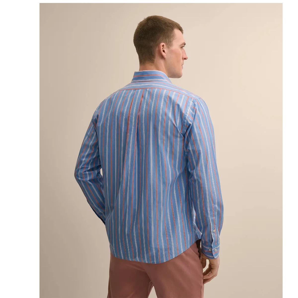 MILWORK blue cotton poplin shirt with cardinal red and white vertical stripes. Features button-down collar and barrel cuffs.