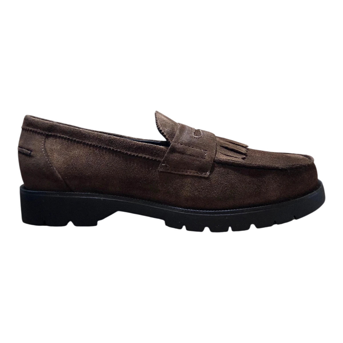 MILWORK Cotteur MX brown velvet leather kiltie loafer with lug sole.