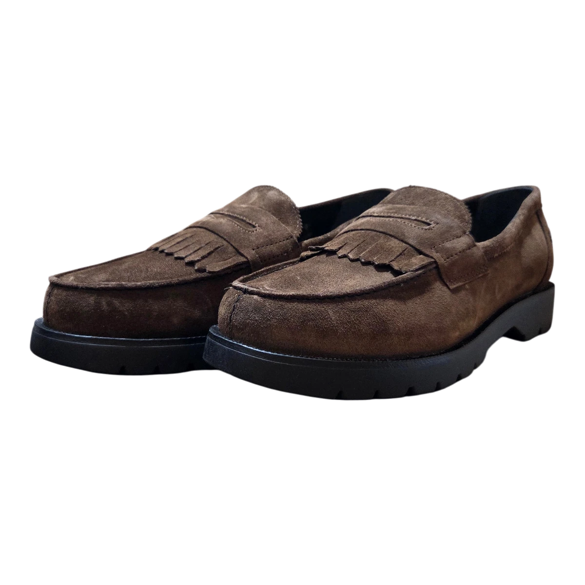 MILWORKSH brown velvet leather kilty loafers with lug sole