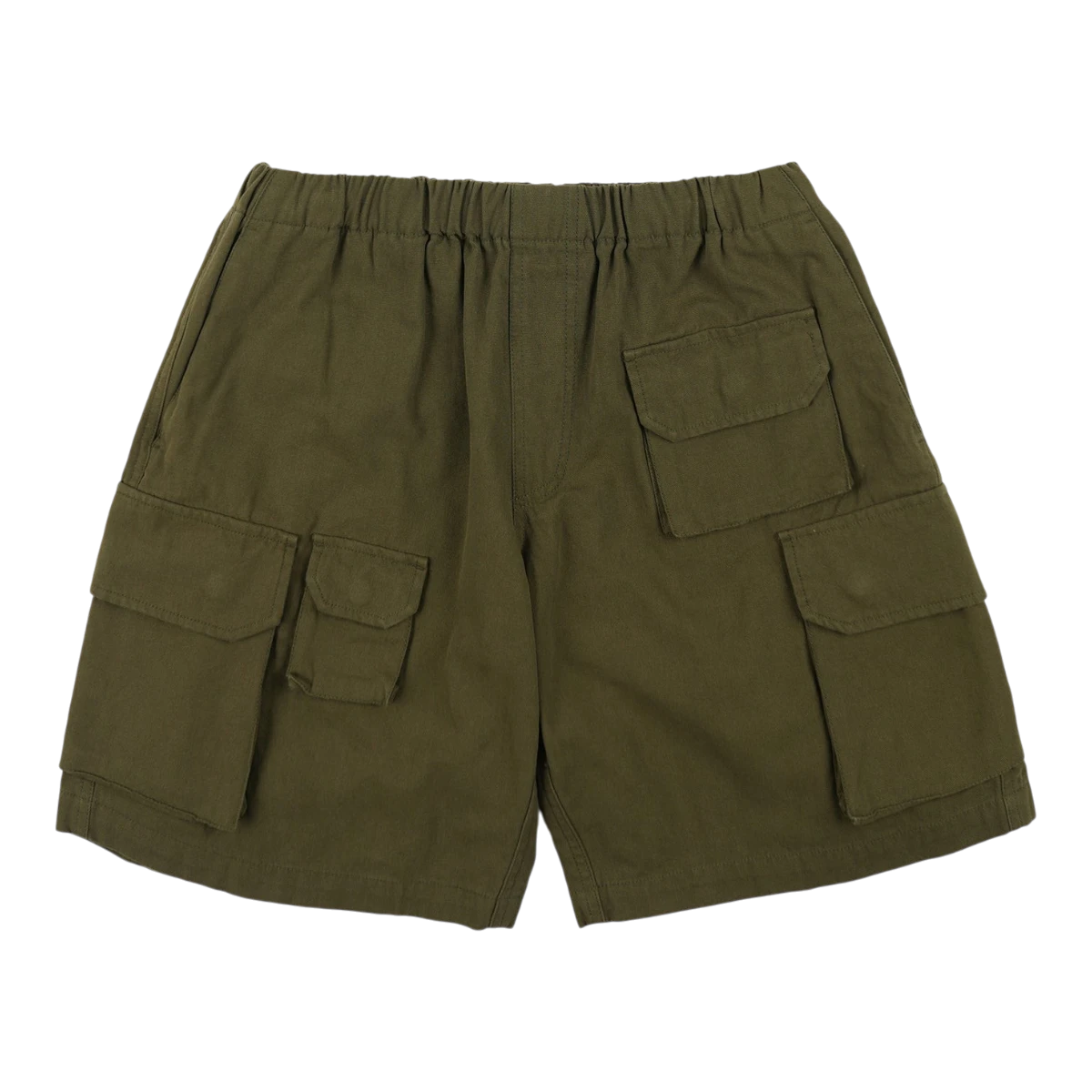 MILWORK canvas olive green cargo shorts with multiple utility pockets and elastic waistband.