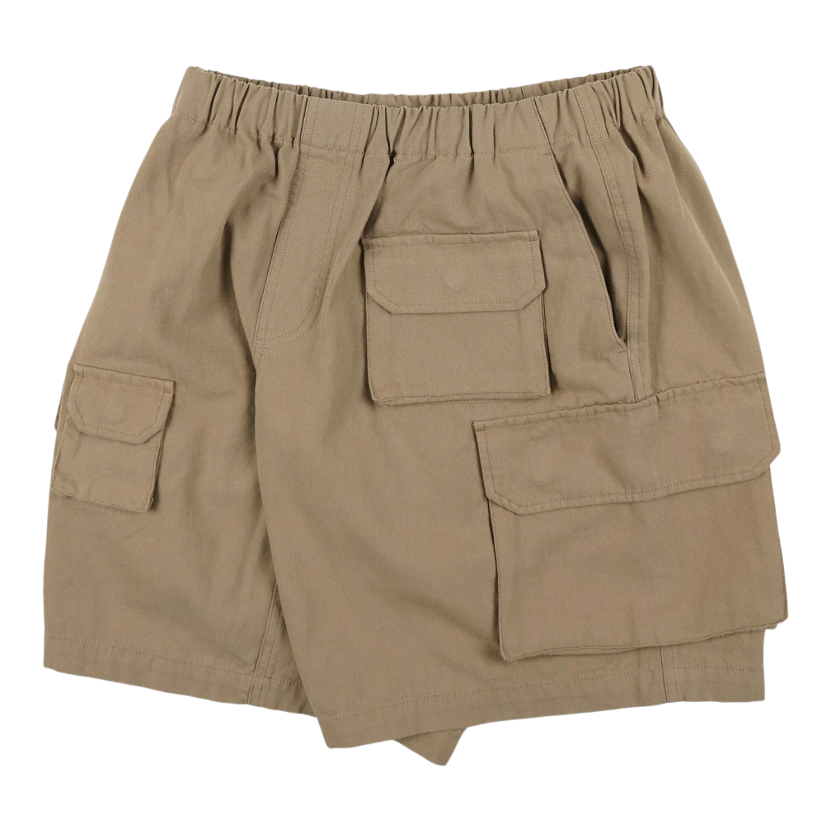 MILWORKSH khaki beige canvas multi-pocket shorts with elastic waistband and utility pockets.