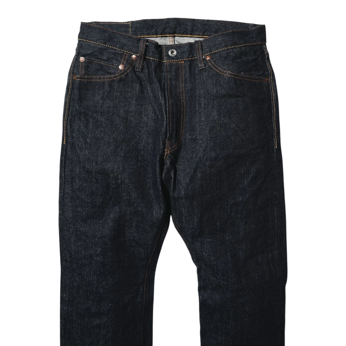 MILWORK dark indigo 17oz heavyweight Japanese selvedge denim slim fit jeans with zip fly and copper rivets.