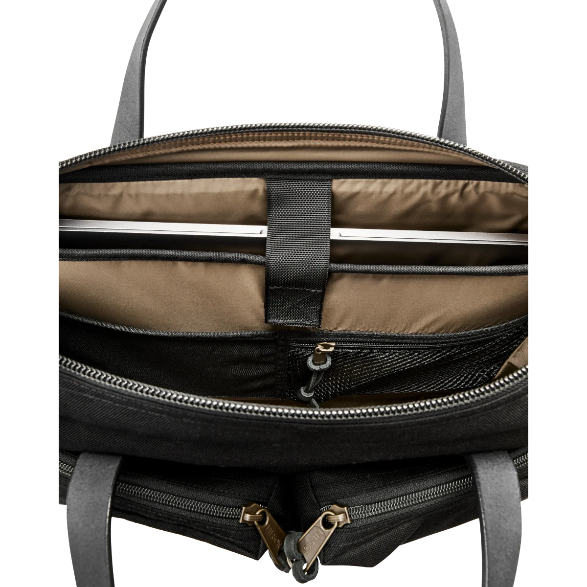 MILWORK Dryden Briefcase in black Cordura nylon with padded laptop sleeve and exterior pockets.