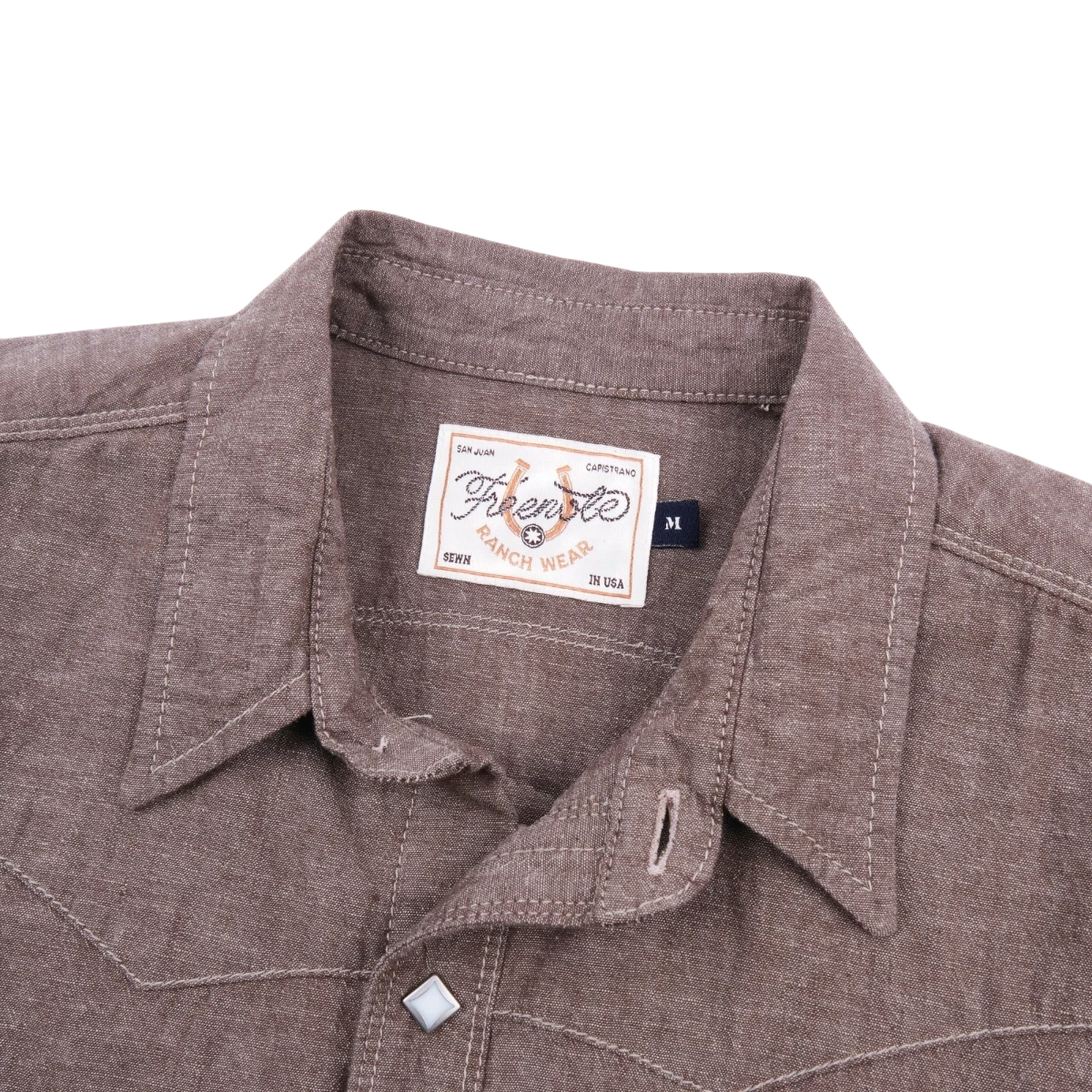 MILWORKSH dusty brown cotton-linen blend western shirt with sawtooth yokes and diamond snaps.
