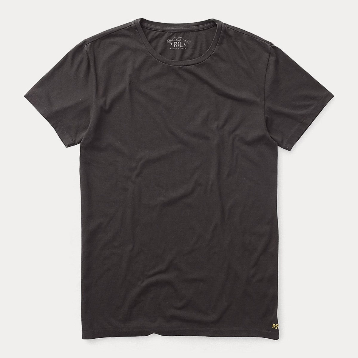 MILWORK Faded Black Canvas Cotton Jersey Crewneck T-Shirt with RRL embroidery on left hem.