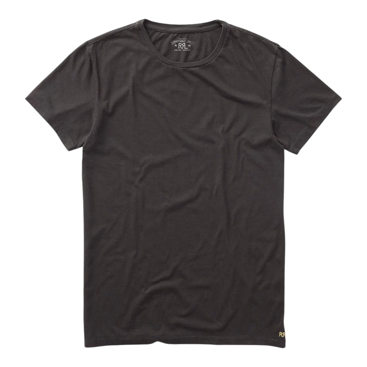 MILWORK Faded Black Canvas Cotton Jersey Crewneck T-Shirt with RRL embroidery on left hem.