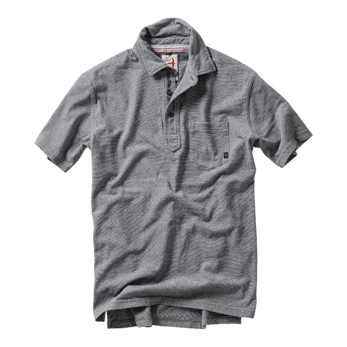 MILWORK Relwen Fineline Jersey Polo in dark grey and white stripe, featuring a button placket, chest pocket, and spread collar.