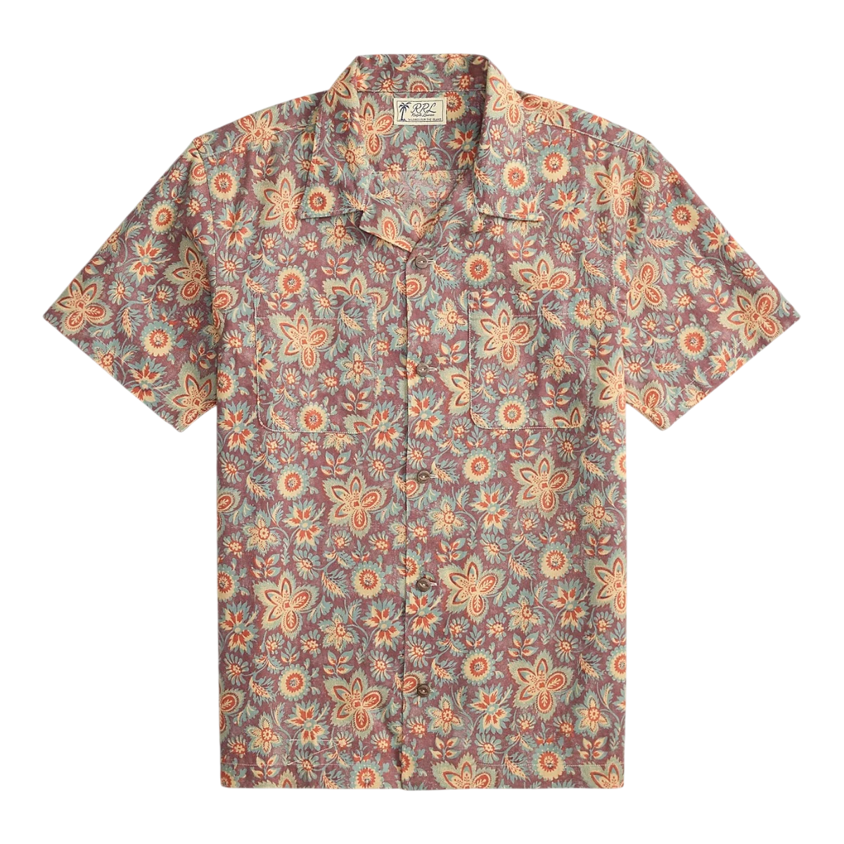 MILWORK floral print camp shirt in blue, red, and multi-color. Linen-cotton blend with coconut shell buttons and two chest pockets.