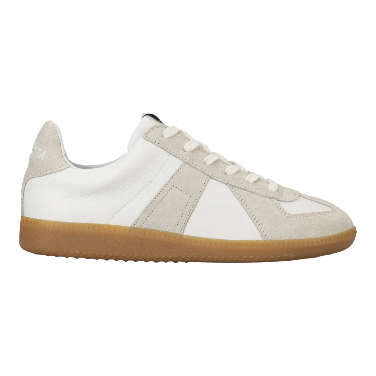 MILWORK GAT German Army Trainer white leather and suede sneakers with gum sole.