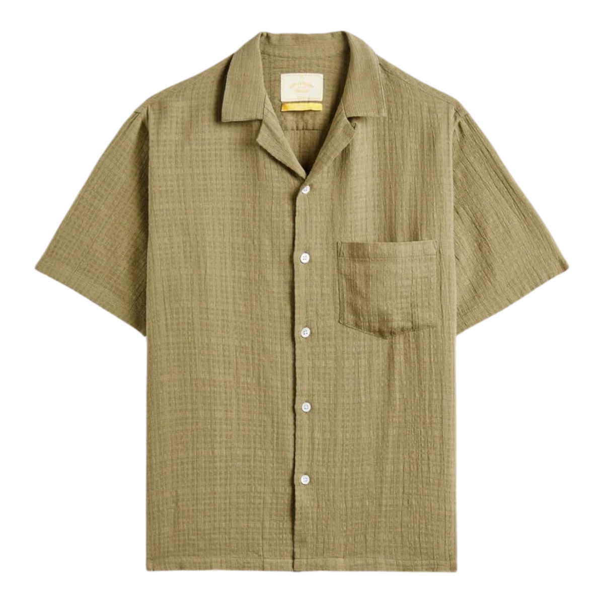 MILWORK Grain Shirt Khaki, 100% cotton short-sleeve shirt with a textured weave and mother-of-pearl buttons.