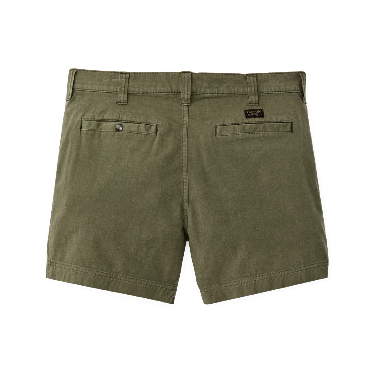 MILWORK Granite Mountain 6" shorts in burnt olive green cotton-blend with welted rear pockets and snap closure.