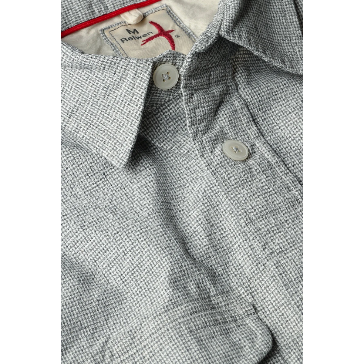 MILWORK Windsail grey and white houndstooth pattern workshirt with button closure and collar.