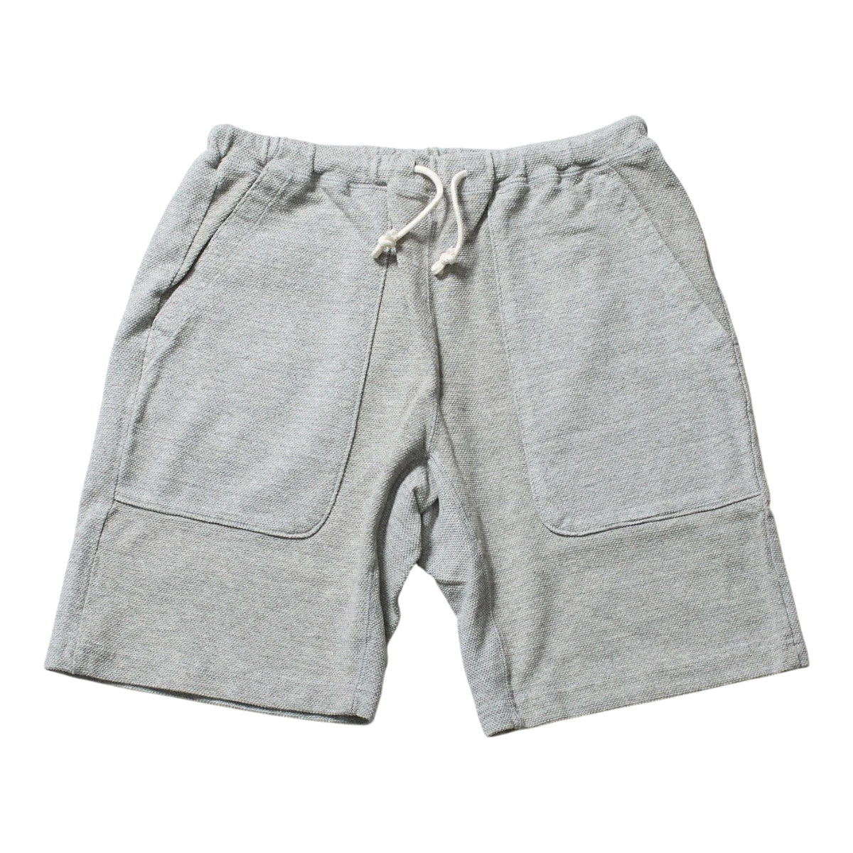 MILWORK Grey heavyweight pique cotton climbing shorts with drawstring waist and two front pockets.