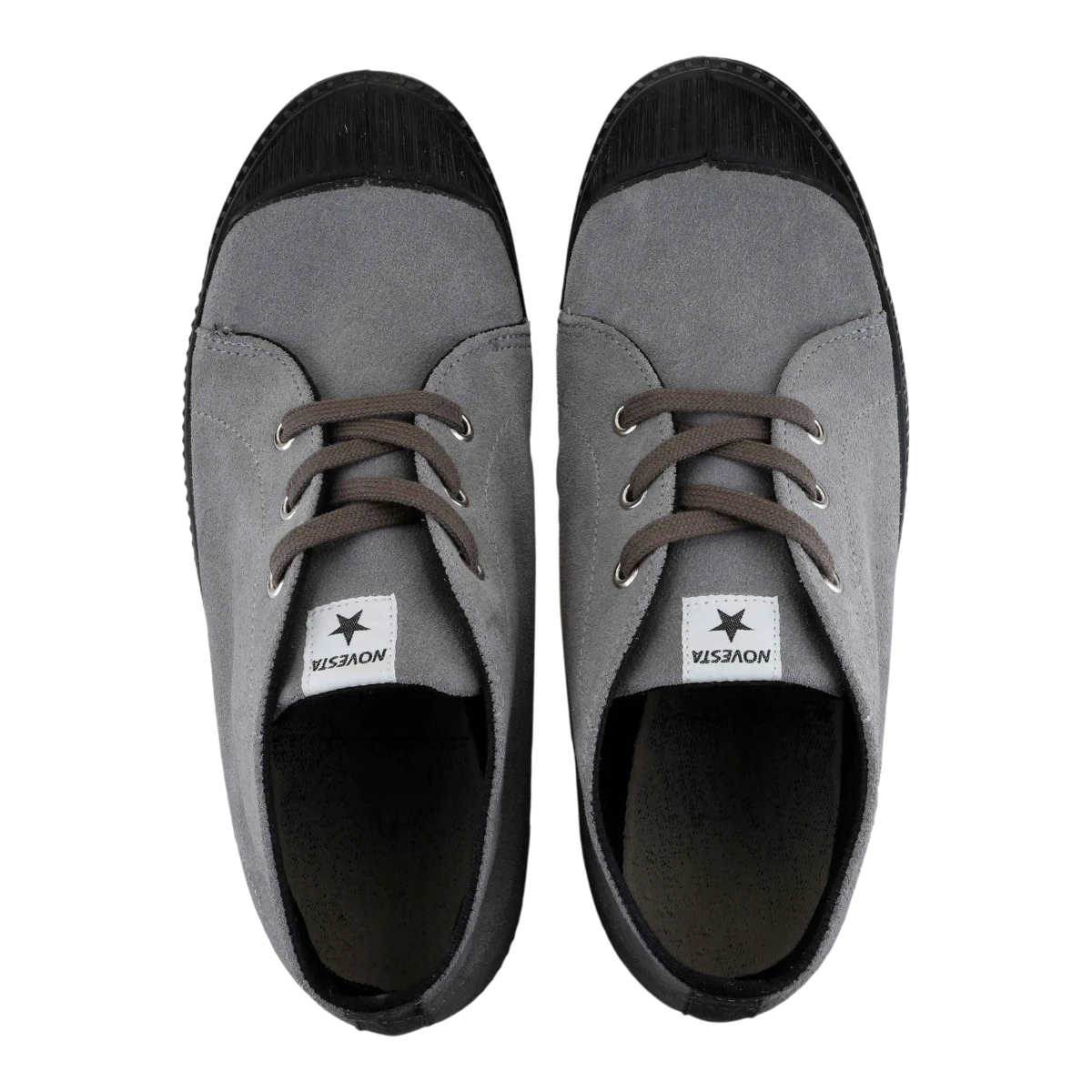 MILWORK Grey suede chukka boots with black rubber toe caps and brown laces. Features Novesta branding.
