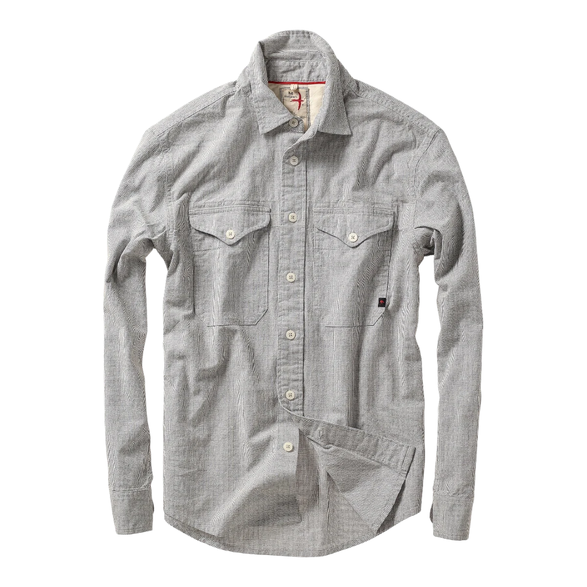 MILWORK Windsail Workshirt in grey and white houndstooth pattern. Features two chest pockets, button-down front, and long sleeves.
