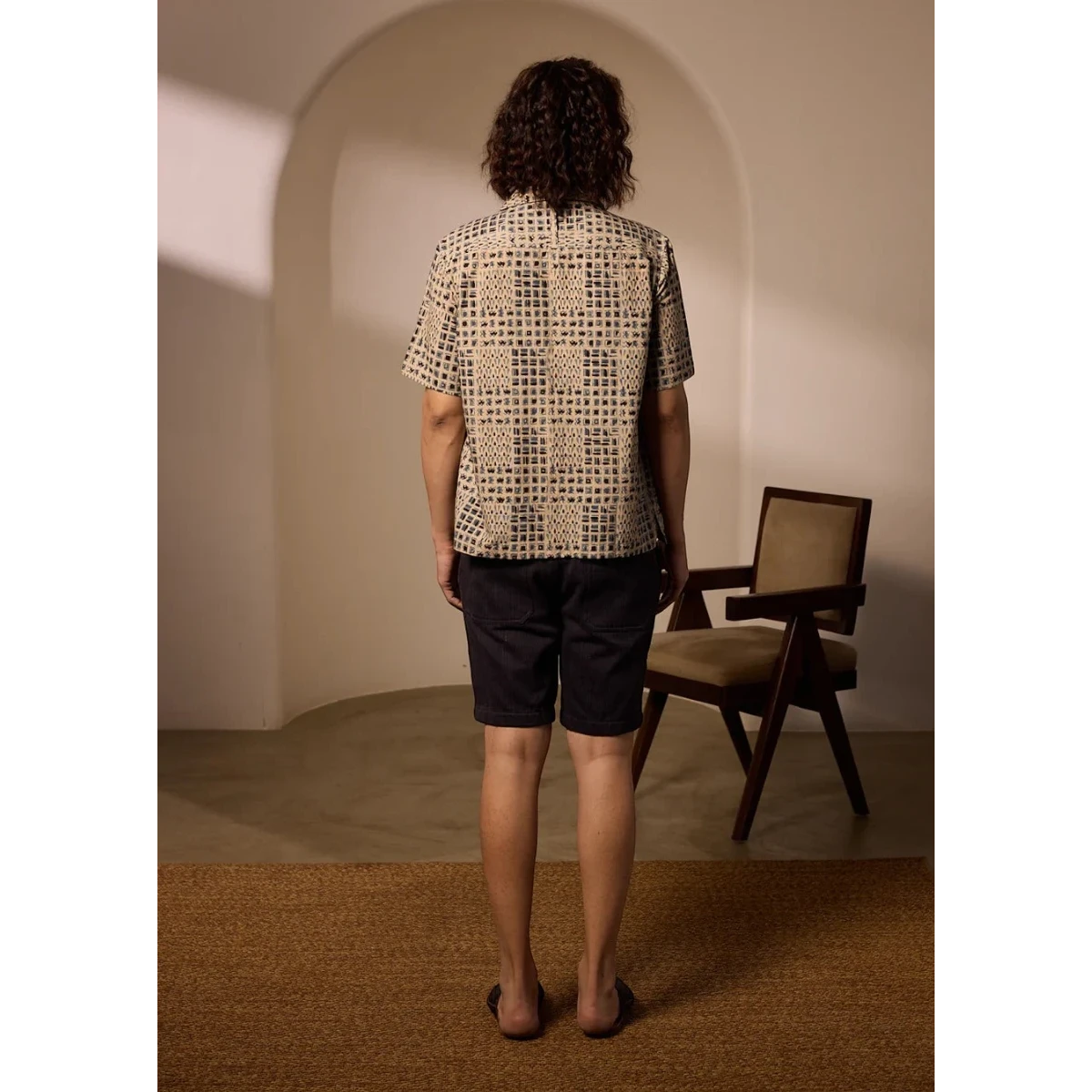 MILWORK Khushi Camp Shirt in indigo blue and beige with tile block print, short sleeves, and camp collar. Relaxed fit, 100% cotton.