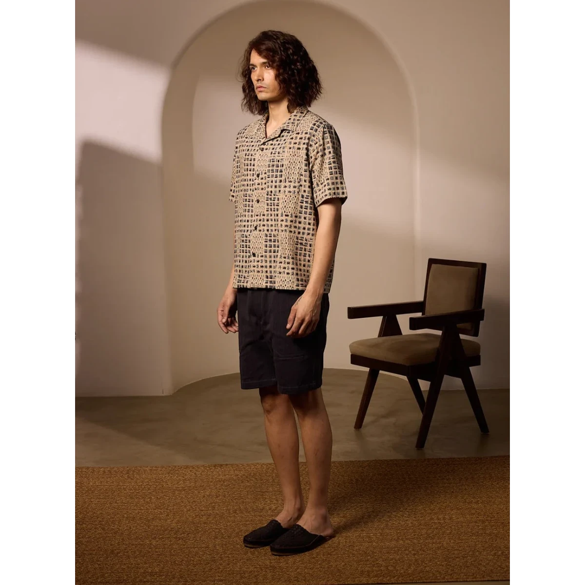 MILWORK Khushi Camp Shirt in indigo with tile block print, short sleeves, spread collar, and relaxed fit. 100% cotton.