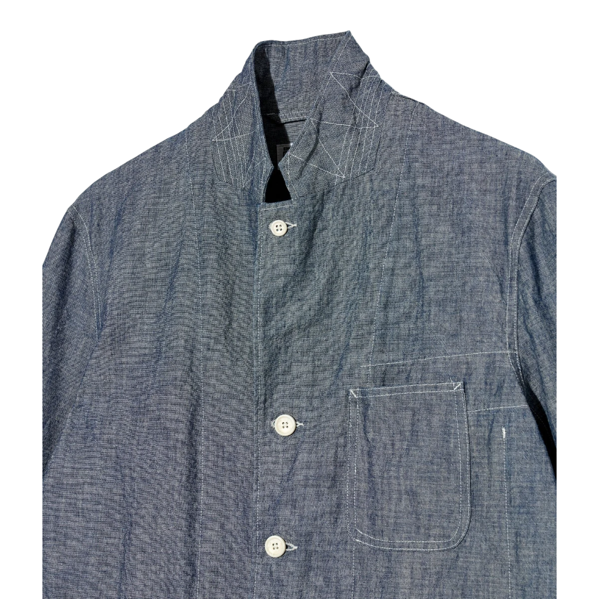 MILWORK Indigo 10oz Sea Canvas MED Blazer, 100% cotton with white contrast stitching and button closure.