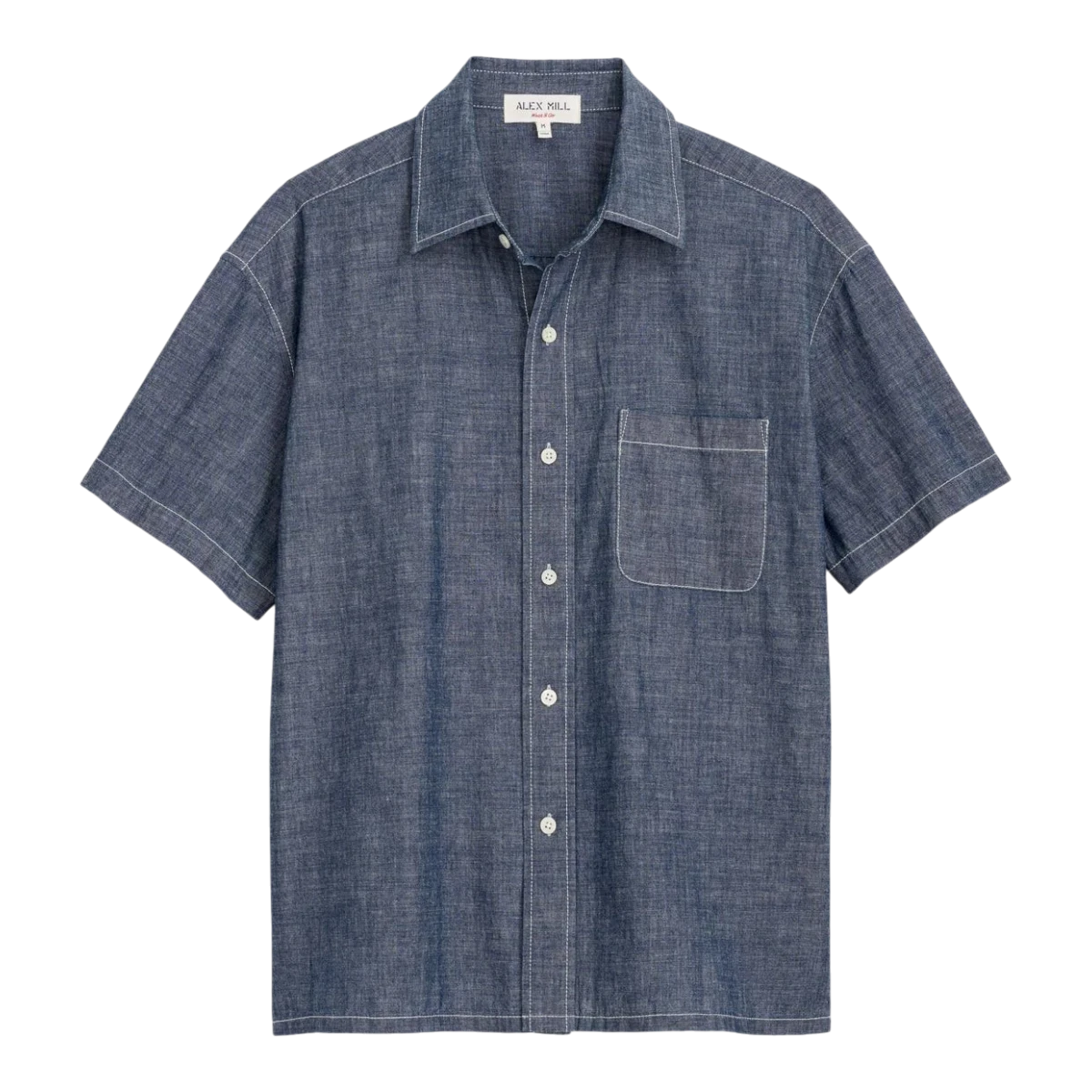 MILWORK Franklin short sleeve shirt in indigo chambray cotton with white contrast stitching and a chest pocket.