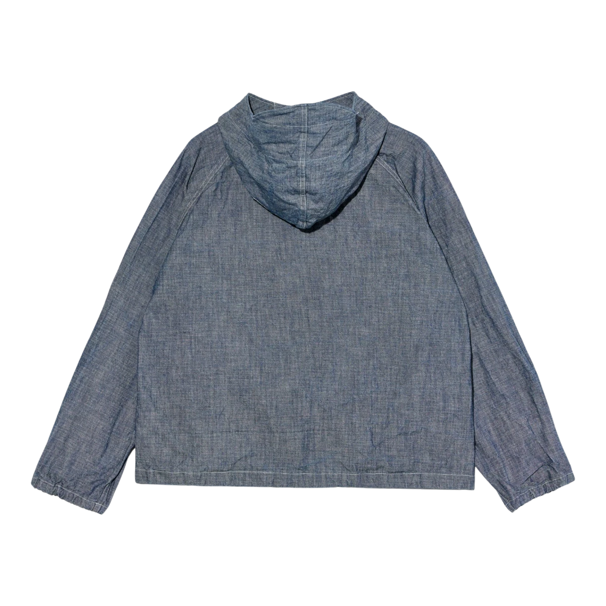 MILWORK indigo blue 10oz sea canvas deck parka with hood and long sleeves.