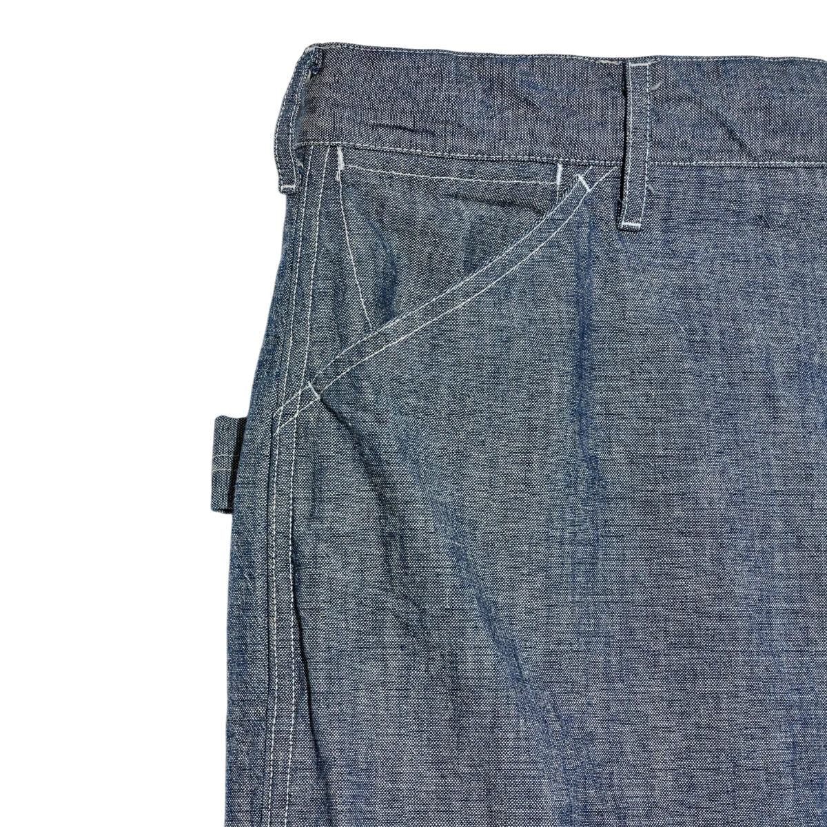 MILWORK Painter Pant in indigo blue 10oz sea canvas denim with white contrast stitching and utility loop.