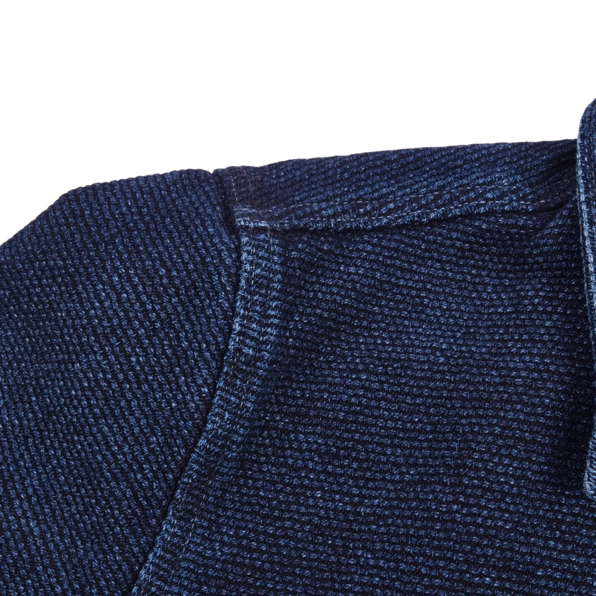 MILWORK Indigo Sashiko Japanese cotton shirt with French placket and chest pockets. Single rinsed.